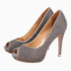 Badgley Mischka Metallic Silver Gold Peep Toe Glitter Pumps Size 9